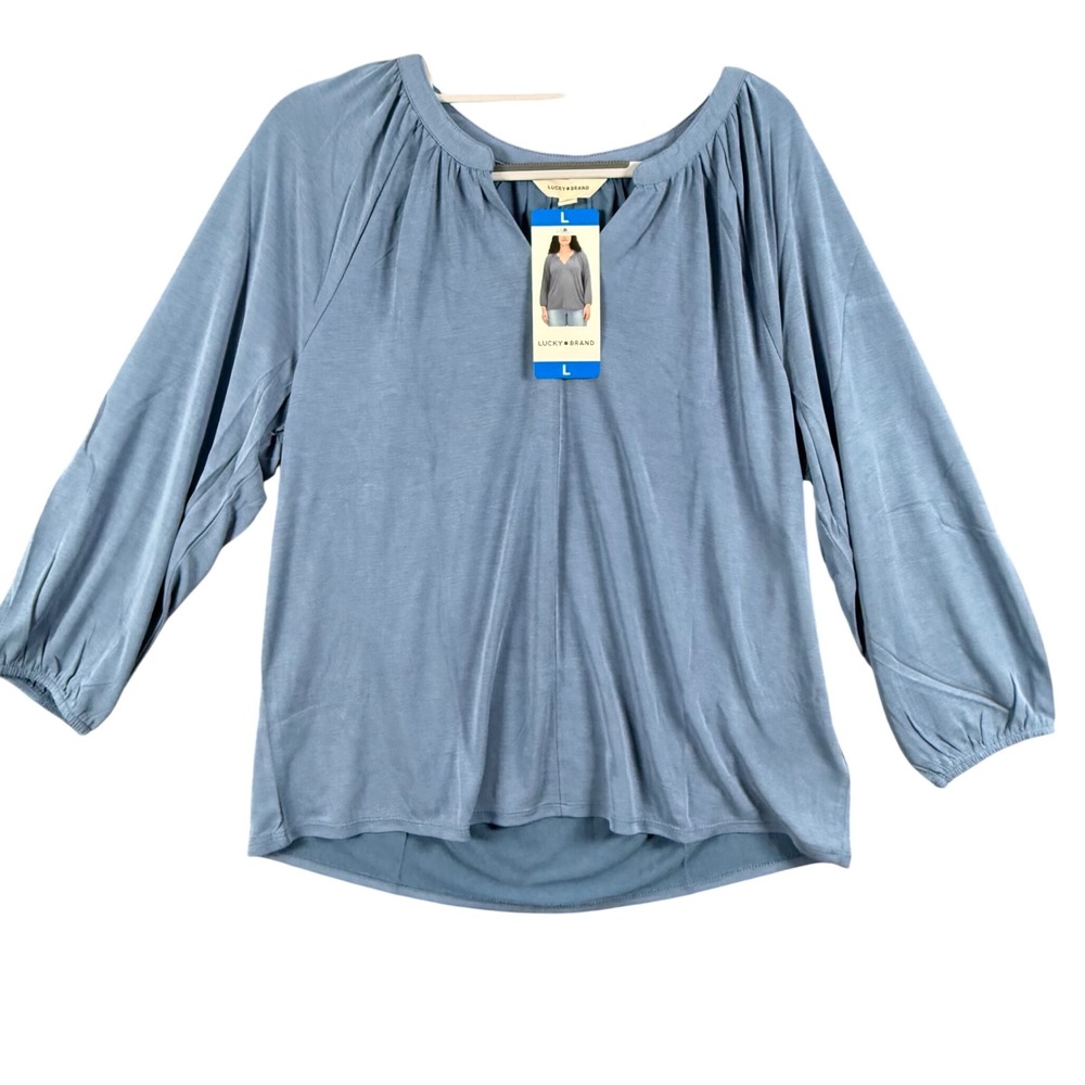 Lucky Brand Womens L Blouse Delft Blue 3/4 Sleeve Split Neck Modal‎ Knit Coastal